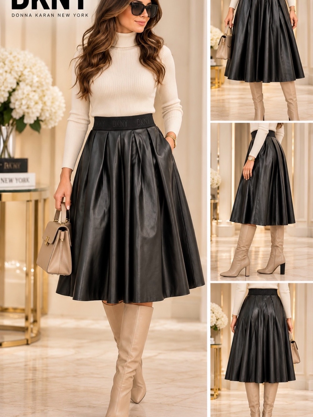 DKNY Black Faux Leather Circle Skirt with Elastic Waistband